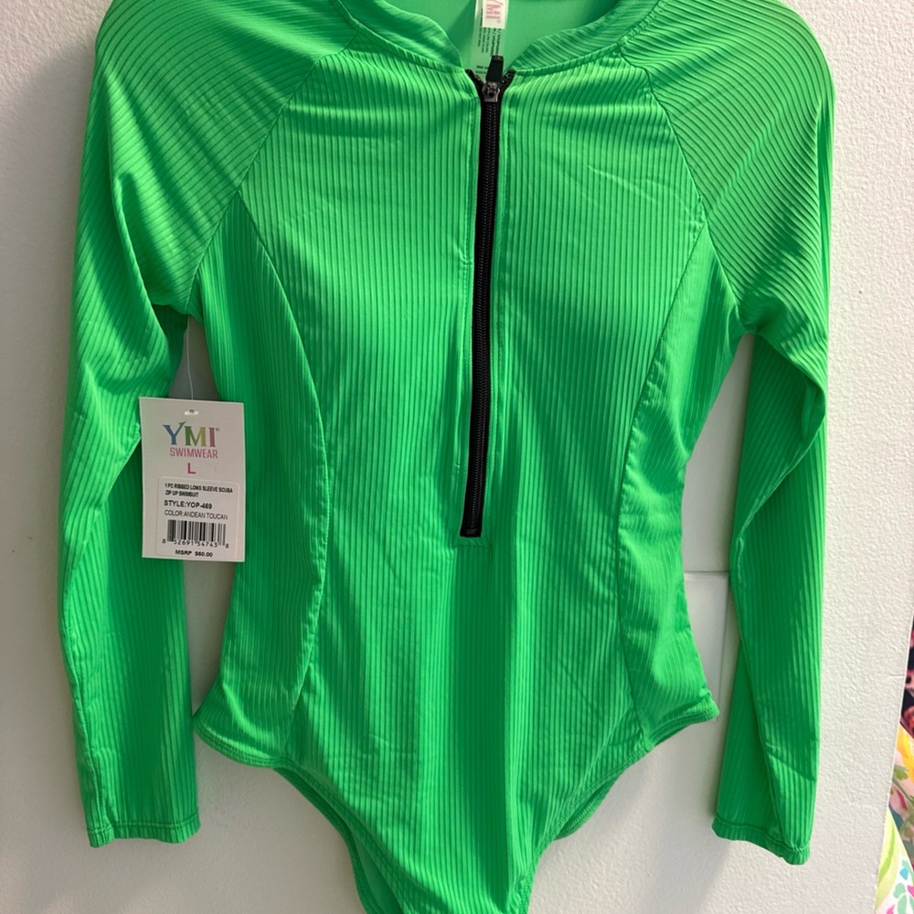 YMI Andean Toucan Ribbed Long Sleeve Zip-Up Swimsuit - Neon Green